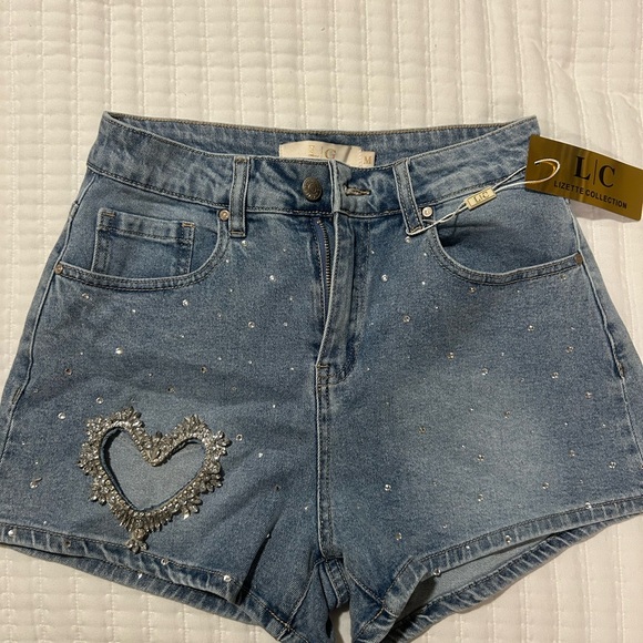 Women's Blue Denim Shorts with Heart Detail - Picture 1 of 3